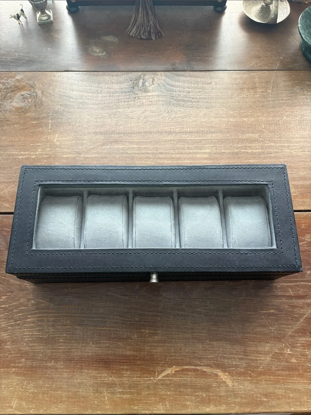 Pottery Barn Black Leather Watch Display Case with Gray Cushions - 5 Slots